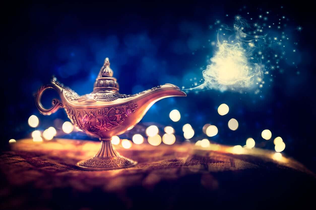 A genie coming out of a lamp.