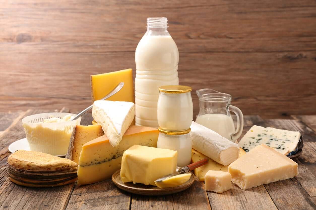 A variety of dairy products, including milk, yogurt, and cheeses.