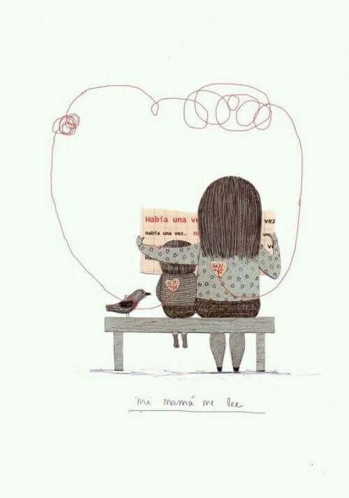 Een moeder leest haar kind voor