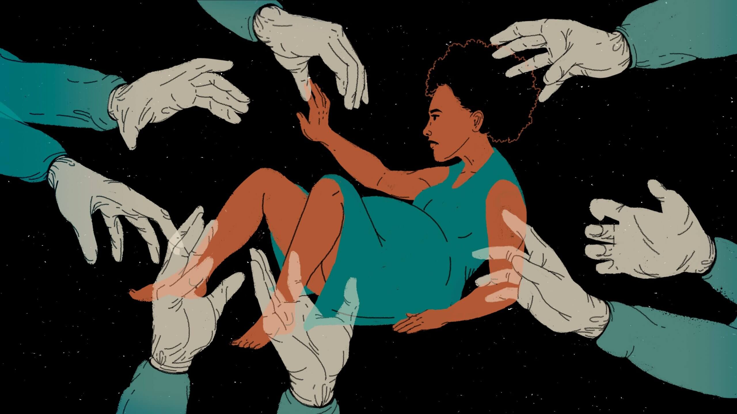 En illustration av en gravid kvinna som ligger på rygg omgiven av händerna från många läkare.