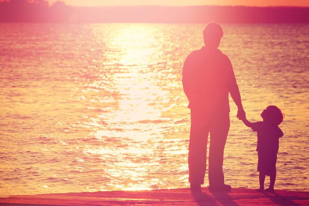 A man and a small boy holding hands and looking out over the water at sunset.