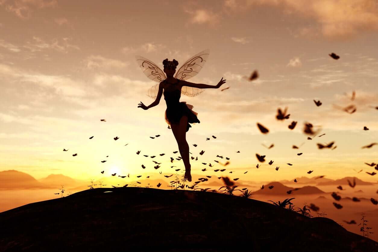 A fairy and a bunch of butterflies flying at sunrise.