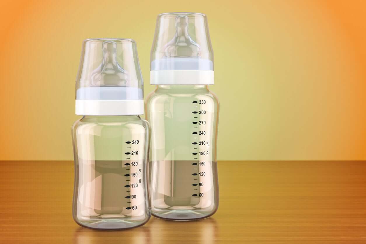 Two flass baby bottles.