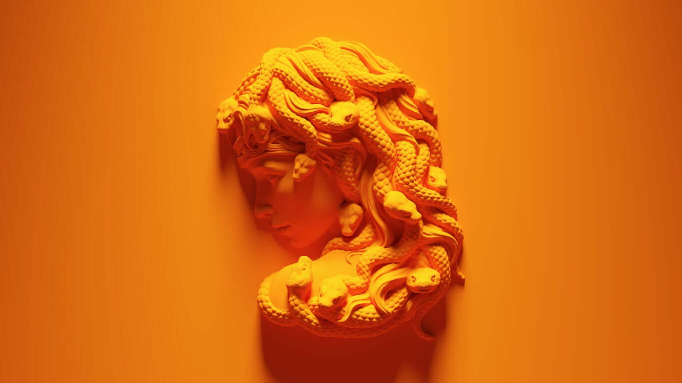 A Greek sculpture of Medusa.