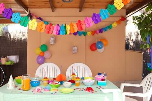 A colorfully decorated birthday table.