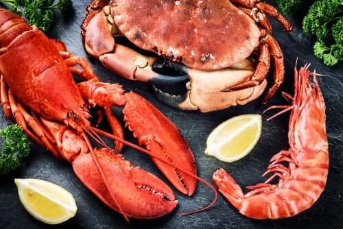 Crab, lobster, and shrimp.