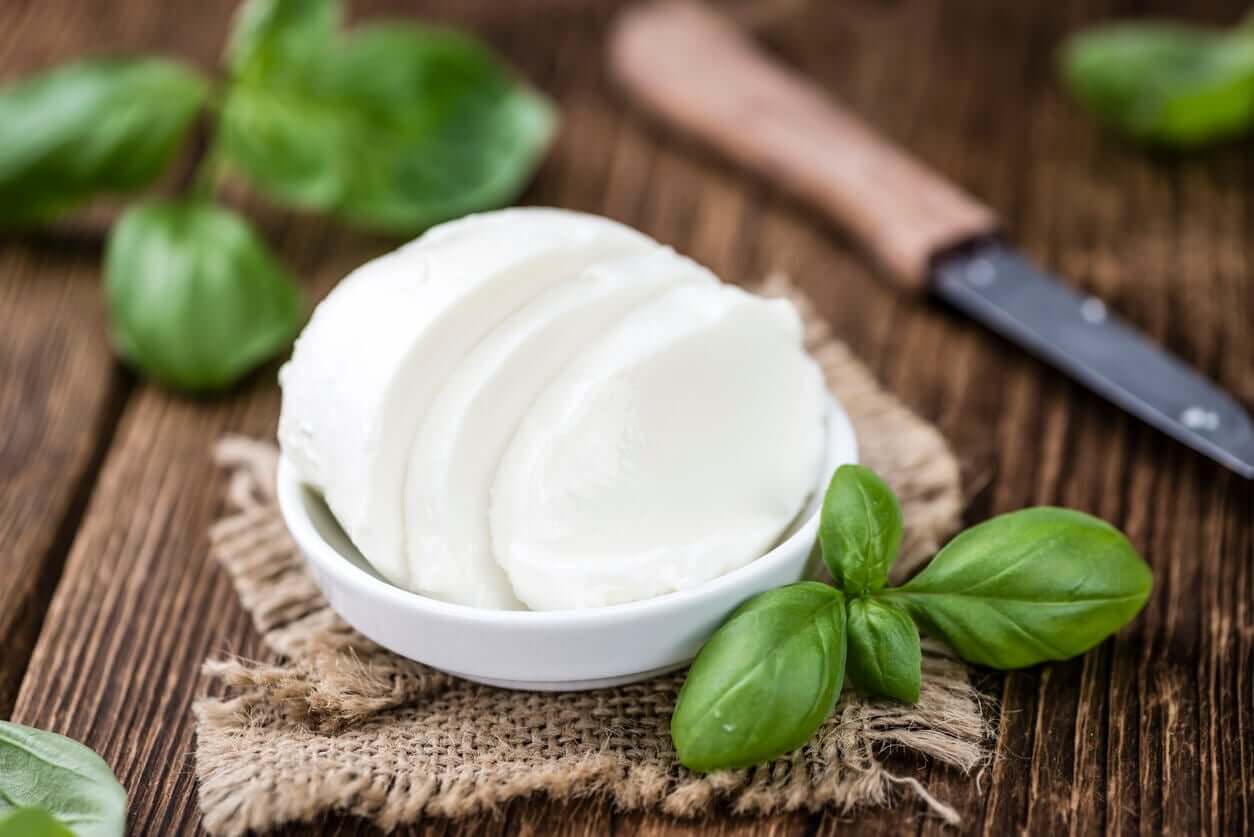 Mozzarella cheese and fresh basil.