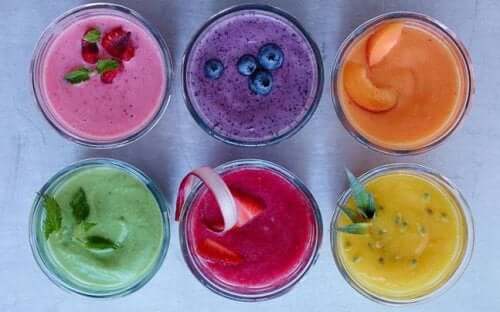 Fruit smoothies of all different colors.