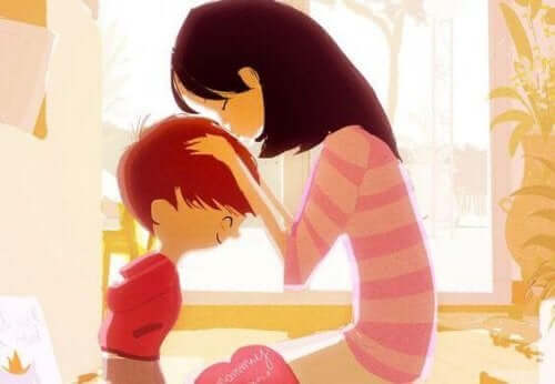 A cartoon drawing of a mother kissing her sons forehead.
