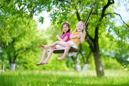 Two girls swinging on a swing from a tree.