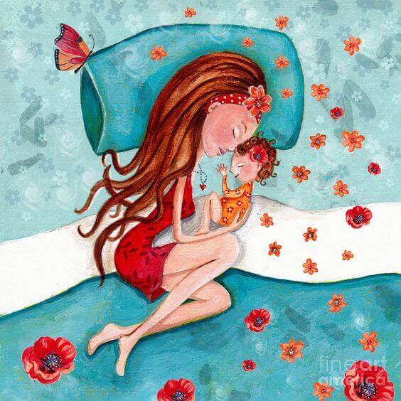 A painting of a mother snuggling with her baby in bed.