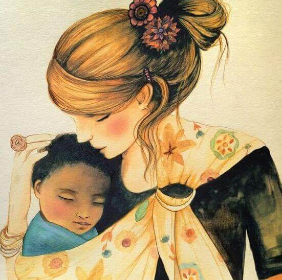 Een moeder knuffelt haar kind