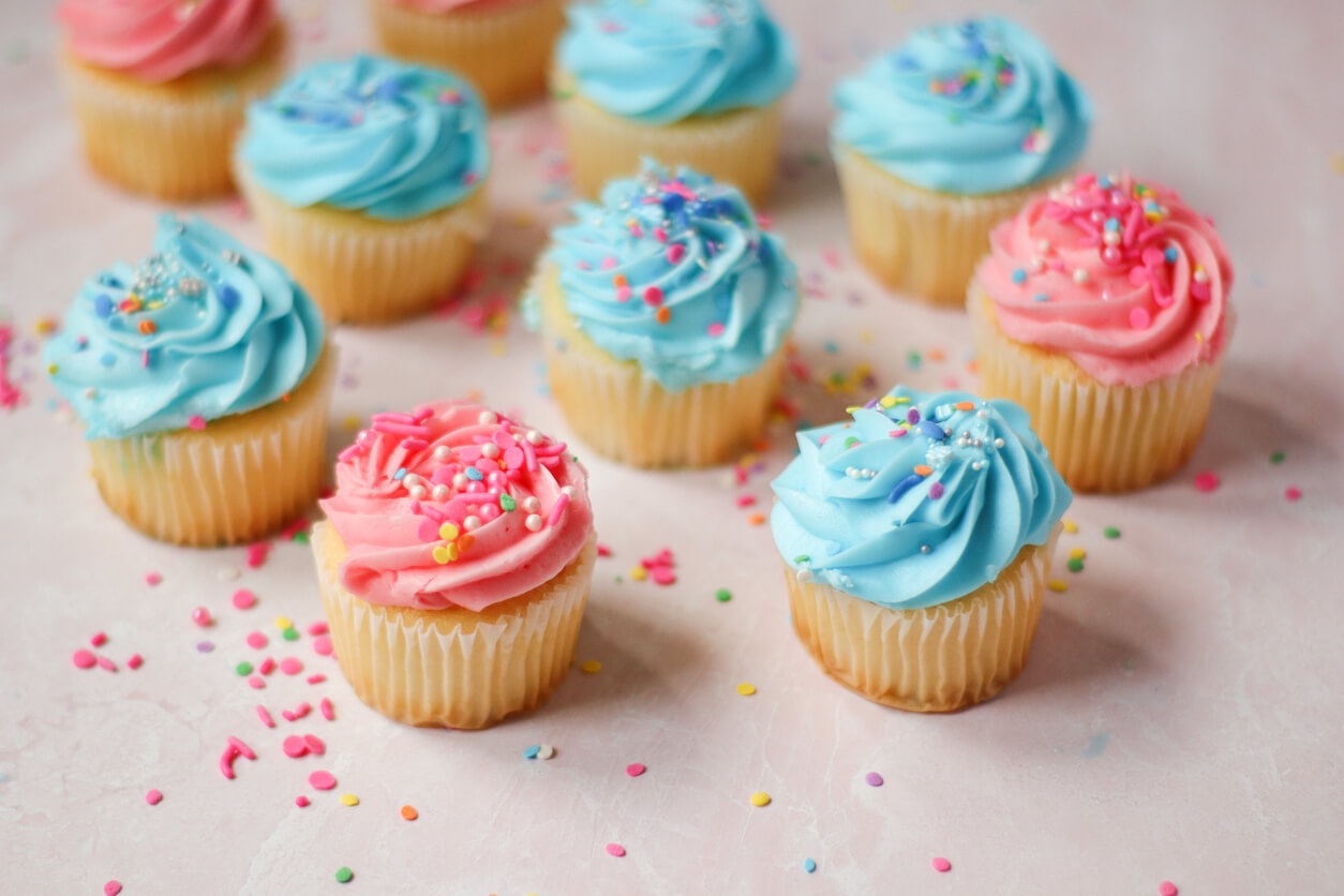 Gender reveal cupcakes.
