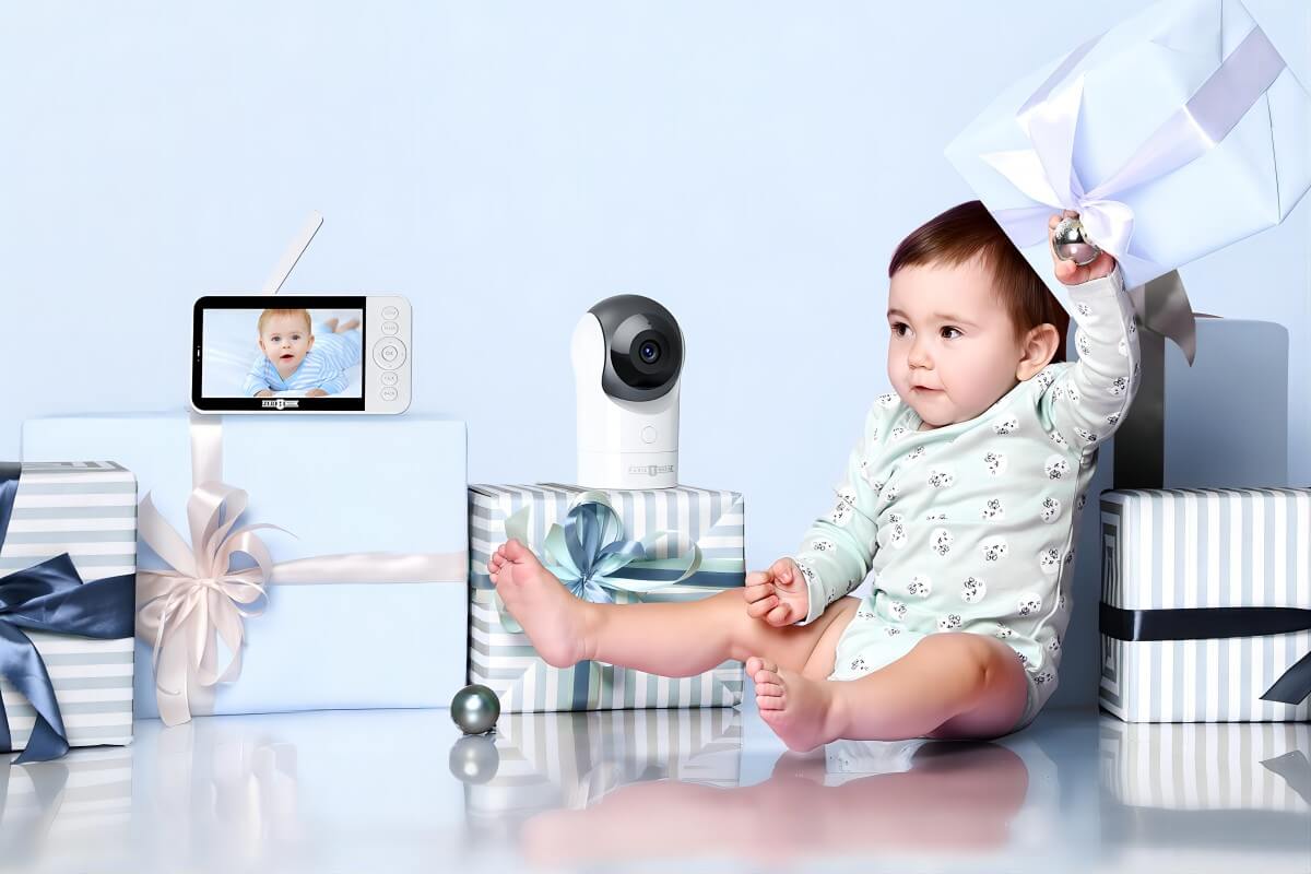 A baby sitting on the floor surrounded by gifts, including the Paris Rhône baby monitor.