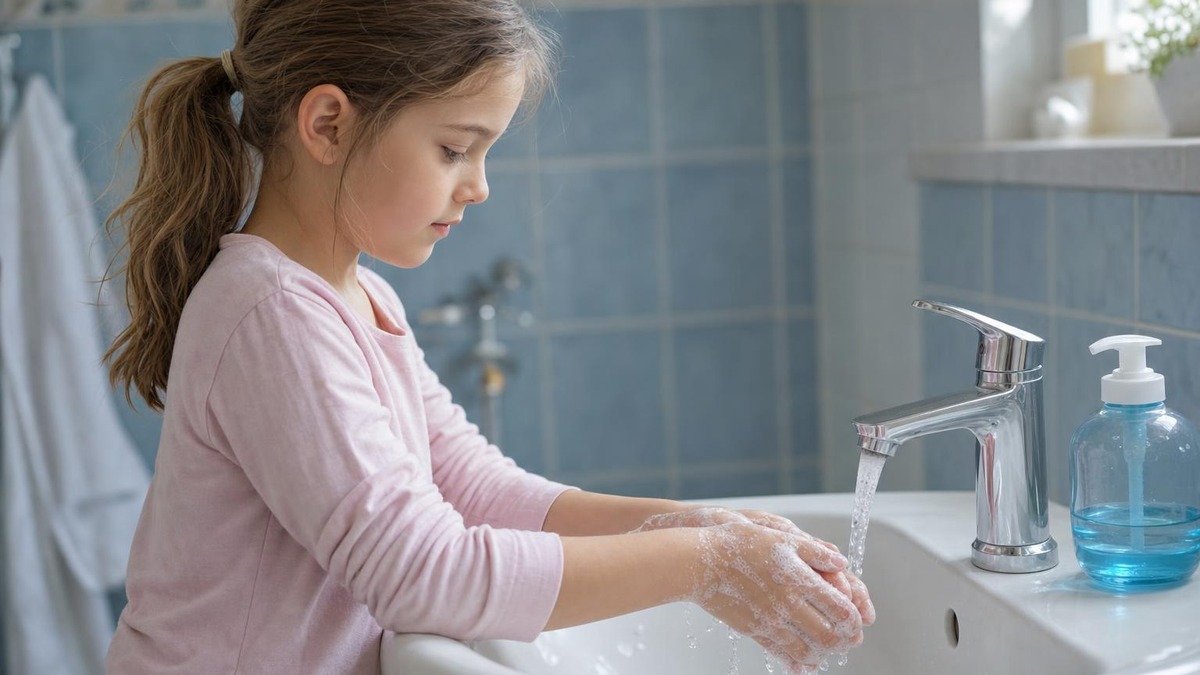 A young girl washes her soapy hands under running water at a bathroom sink