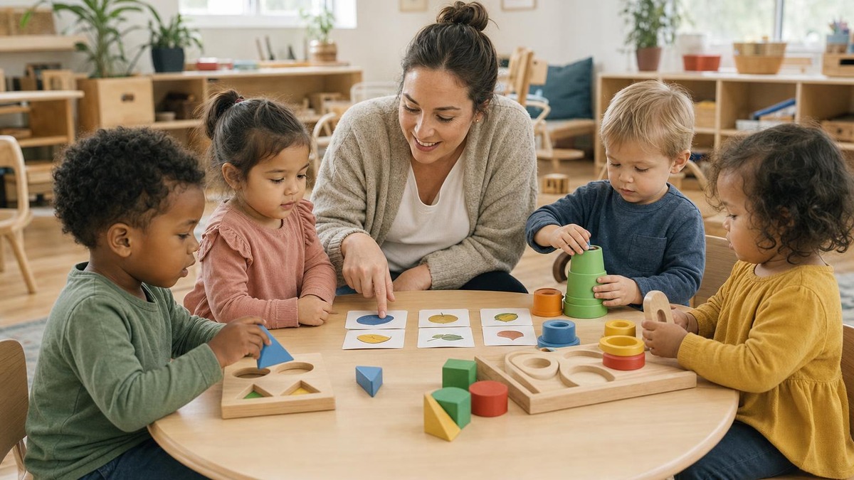 Teacher guiding four toddlers through a matching activity with wooden shapes
